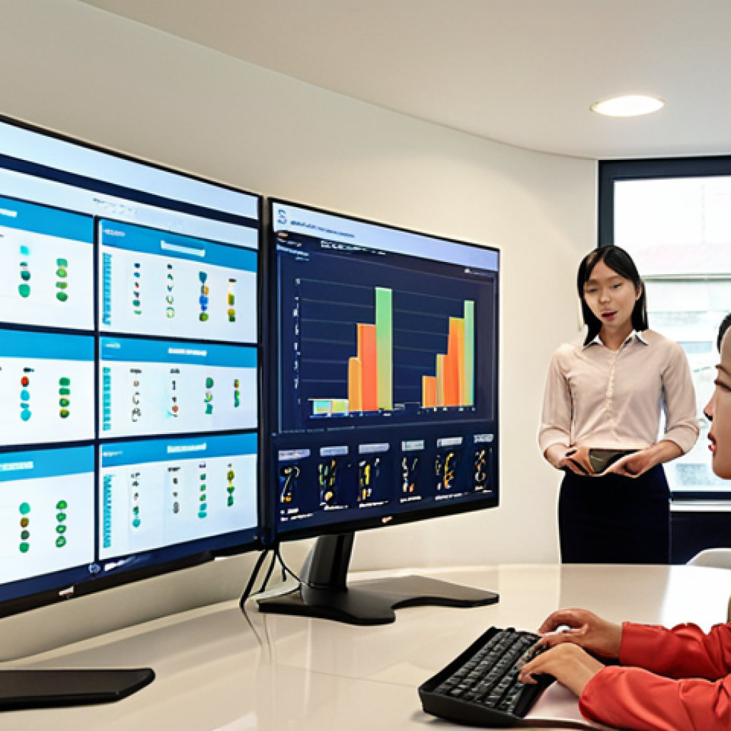 **

A diverse team in a modern Hanoi office using project management software on a large screen display. The screen showcases project progress, key performance indicators (KPIs), and a visually appealing rubric. Colleagues are collaborating and analyzing data to identify areas for improvement. Focus on positive, proactive problem-solving.

**