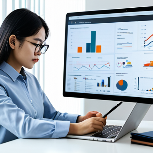 A professional Vietnamese woman in a modest business casual outfit, fully clothed, sitting at a sleek, minimalist desk in a modern, sunlit office. She is focused on a laptop screen, with a digital tablet displaying diagrams and data visualizations next to her. She is actively sketching ideas in a notebook, symbolizing the application of knowledge to practical projects. Subtle, abstract digital interface elements float in the background, representing AI and digital transformation. perfect anatomy, correct proportions, natural pose, well-formed hands, proper finger count, natural body proportions, appropriate attire, professional dress, safe for work, appropriate content, professional photography, high quality, ultra detailed.
