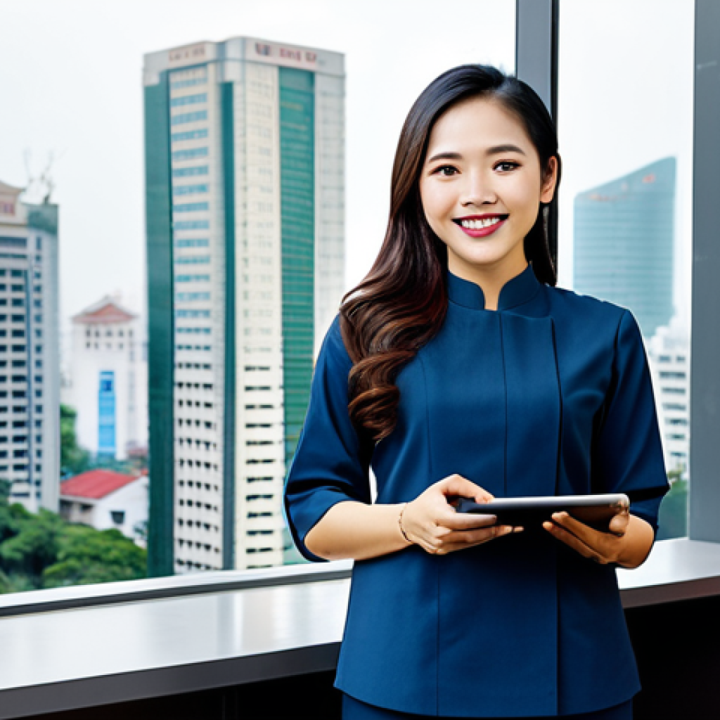 조직에서의 지식 활용 촉진 방안 - **A modern Vietnamese businesswoman in a stylish *áo dài* (traditional long tunic) with elegant trou...