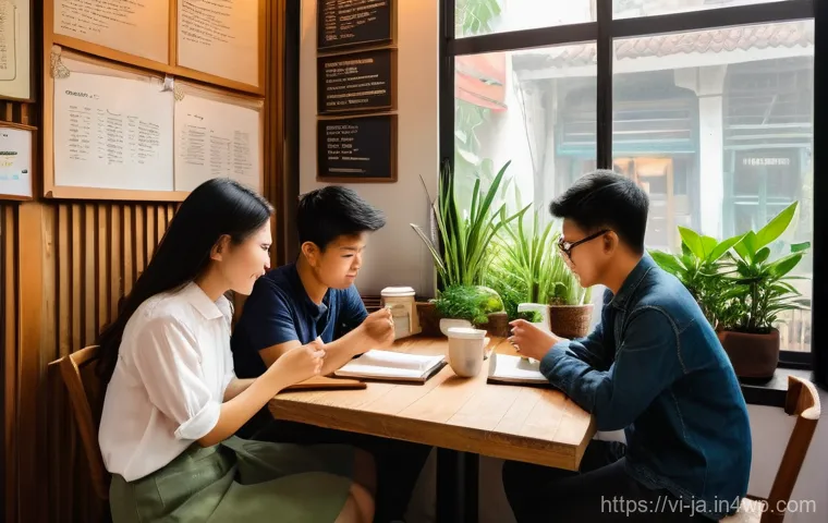 지식 활용 실천 프로젝트의 사례 기반 학습 - **Prompt:** A dynamic scene depicting a small team of three young Vietnamese adults (early 20s) inte...