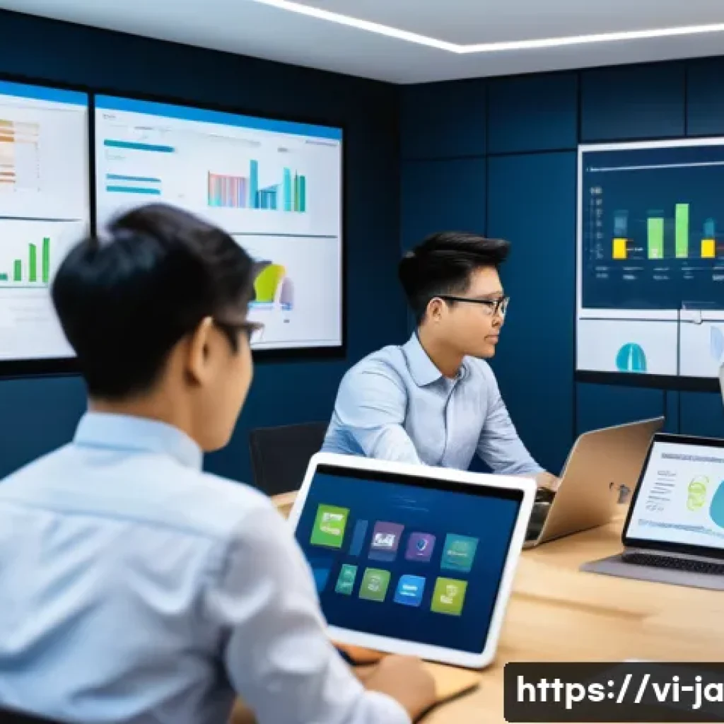 지식 활용 실천 프로젝트의 자원 관리 - A modern Vietnamese office setting with a diverse team of professionals collaborating on a knowledge...