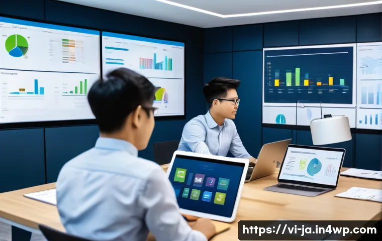 지식 활용 실천 프로젝트의 자원 관리 - A modern Vietnamese office setting with a diverse team of professionals collaborating on a knowledge...
