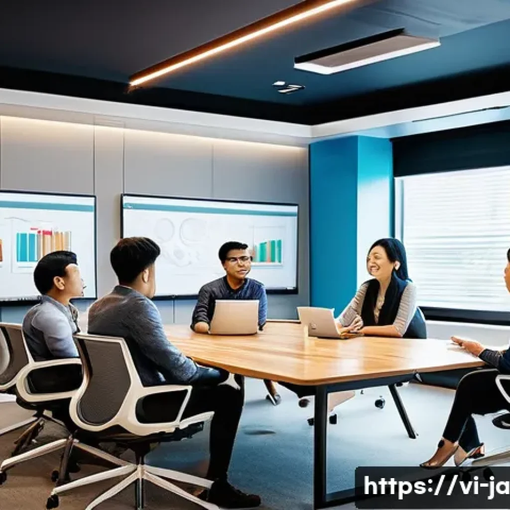 조직 내 지식 활용 실천 프로젝트의 사례 - A modern Vietnamese office environment showing a diverse group of young professionals in business ca...