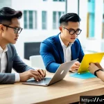 Home 20 지식 활용 실천 프로젝트의 자가 진단 방법 - A modern Vietnamese startup office scene showing a diverse group of young professionals collaboratin...