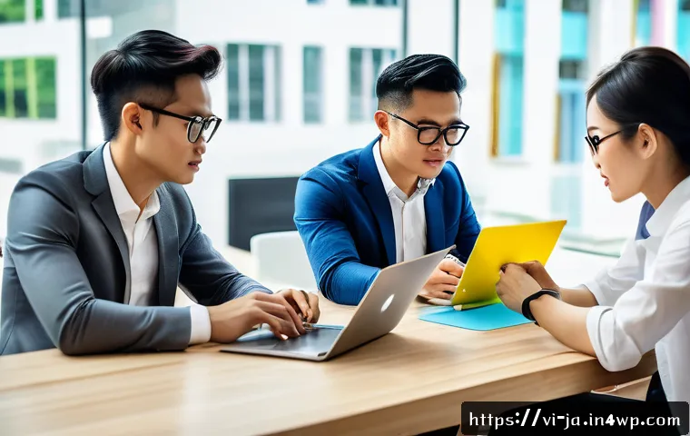지식 활용 실천 프로젝트의 자가 진단 방법 - A modern Vietnamese startup office scene showing a diverse group of young professionals collaboratin...