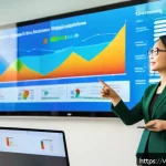 Home 19 지식 활용 실천 프로젝트의 성과 공유 방법 - A professional Vietnamese businesswoman presenting a project report in a modern conference room, wea...