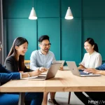 Home 18 효과적인 지식 활용을 위한 협력 방법 - A diverse team of Vietnamese office workers in a modern coworking space, collaborating around a larg...