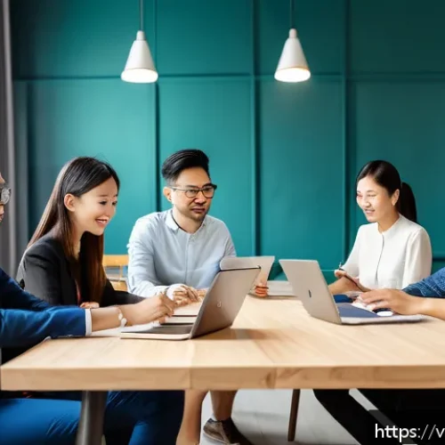 Home 30 효과적인 지식 활용을 위한 협력 방법 - A diverse team of Vietnamese office workers in a modern coworking space, collaborating around a larg...