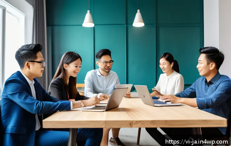 효과적인 지식 활용을 위한 협력 방법 - A diverse team of Vietnamese office workers in a modern coworking space, collaborating around a larg...