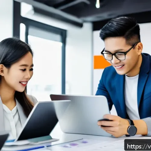 Home 17 지식 활용 실천 프로젝트 평가 기준 - A diverse group of young Vietnamese professionals collaborating enthusiastically in a modern office ...