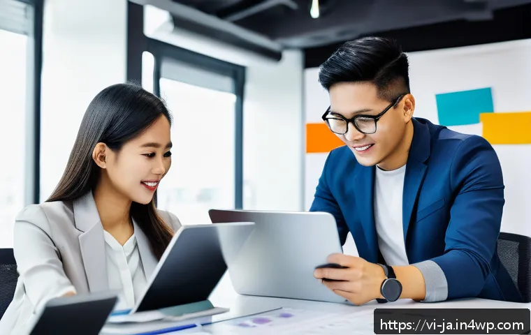 지식 활용 실천 프로젝트 평가 기준 - A diverse group of young Vietnamese professionals collaborating enthusiastically in a modern office ...